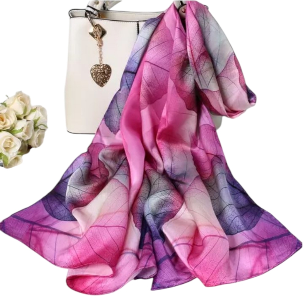 Vintage Silk Vibrant Pink and Purple Leaf Print Scarf 100% Silk